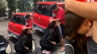 Chupando la polla del uber al aire libre en publico